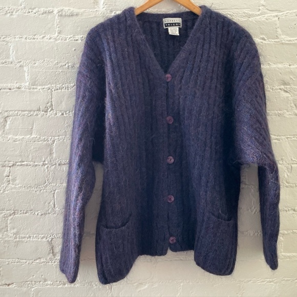 Express Tricot Sweaters - Vintage 90s Express Tricot Mohair Blend Boxy Chunky Cardigan Sweater Grandpa L
